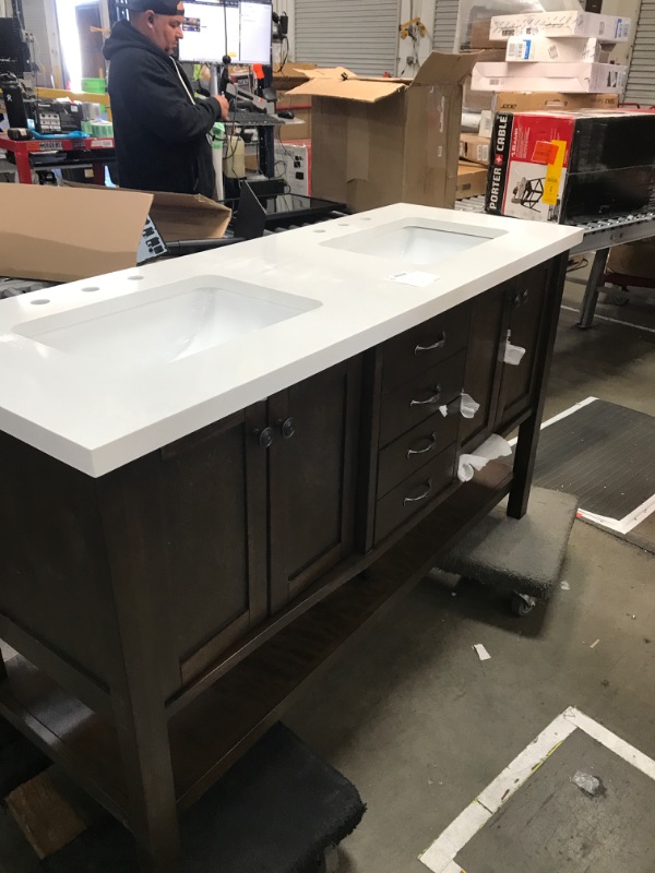 Photo 2 of **cracked marble** allen + roth Kingscote 60-in Espresso Undermount Double Sink Bathroom Vanity with White Engineered Stone Top 
