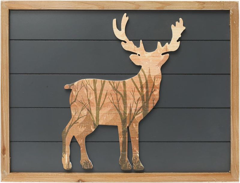 Photo 1 of 21 x 16 Inches Cabin Deer Wall Decor Large 3D Deer Rustic Wooden Forest Mountain Wall Art Woodland Decorative Farmhouse Wildlife Lodge Animal Elk Wood Framed Decor
