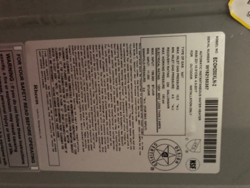 Photo 8 of ***NONREFUNDABLE - NOT FUNCTIONAL - FOR PARTS ONLY - SEE COMMENTS***
Rheem Mid-Efficiency 8.4GPM Outdoor Natural Gas Tankless Water Heater