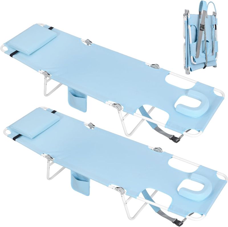 Photo 1 of 2 Pack Backpack Beach Tanning Lounge Chair with Face Hole, Folding 6 Position Reclining Face Down Tanning Chair for Adults Outside Poolside Reading Sunbathing Camping, Blue
