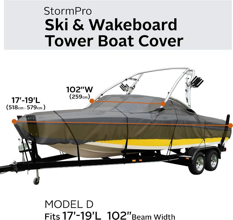 Photo 3 of (NON-REFUNDALBE) Classic Accessories StormPro Dark Grey Heavy-Duty Ski & Wakeboard Tower Boat Cover, 17 - 19' L, beam width to 102" W, Marine Grade Fabric, Water-Resistant, Fits V-Hull Runabouts OutBoards and I/O 17'-19'L x 102"W (beam) Cover