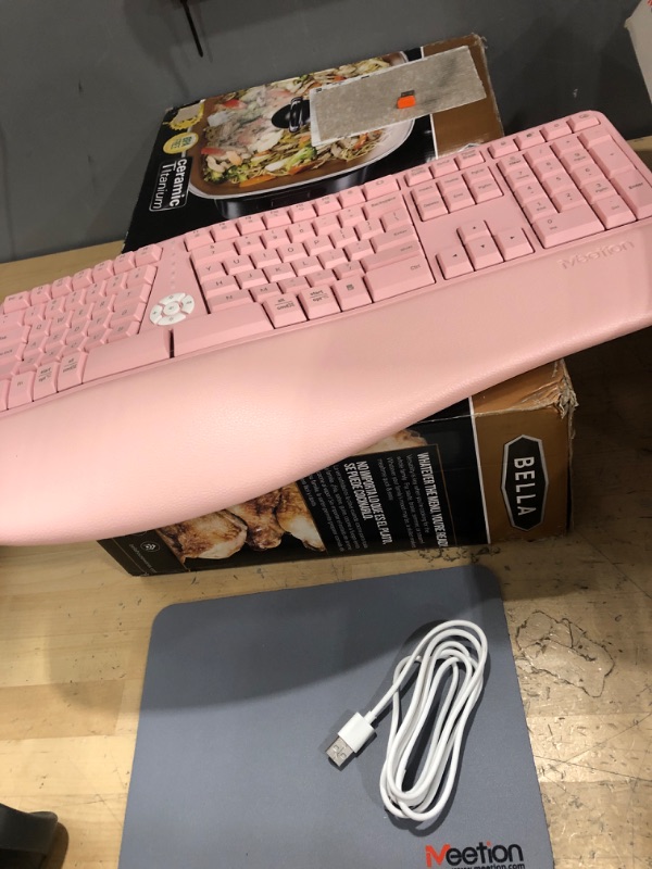 Photo 1 of MEETION Ergonomic Wireless Keyboard and Mouse, Ergo Keyboard with Vertical Mouse, Split Keyboard with Cushioned Wrist Palm Rest Natural Typing Rechargeable Full Size, Windows/Mac/Computer/Laptop, Pink Large Pink