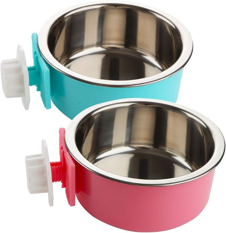 Photo 1 of 2 Pack Pet Food Water Bowl Plastic Basin and Stainless Steel Basin Combo Mountable Food Basin Dish for Rabbit Chinchilla Hamster Bird and Other Pet (Pink and Blue)

