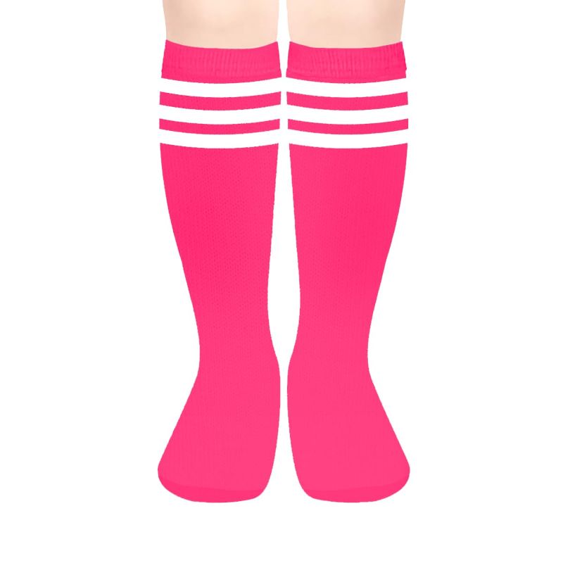 Photo 1 of 2  Gotneto Kids Child Soccer Socks Cotton Toddler Soccer Socks Stripes Knee High Tube Socks Sport Kids Stockings for Boys Girls 3-6 Years 1 Pair Hot Pink White