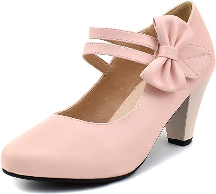 Photo 1 of 100FIXEO Chic Mary Jane Shoes Women Heels and Pumps Ladies Block High Heel Sweet Ankle Strap Dress Pumps Hook and Loop Bow Heels Closed Toe SIZE 9