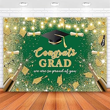 Photo 1 of Avezano Green and Gold Congrats Grad Backdrop Glitter Dots Champagne Class of 2023 Graduation Background Congratulations Graduates College Prom Party Decorations Photobooth Props 7x5ft
