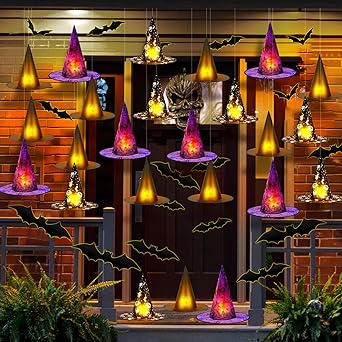 Photo 1 of Jiuguva 73 Pcs Halloween Black Witch Hats Decorations Include 24 Pcs DIY Floating Light up Witch Hats 24 Pcs Tea Lights 24 Pcs 3D Bats Wall Stickers 109 Yards Hanging Rope for Halloween Decoration