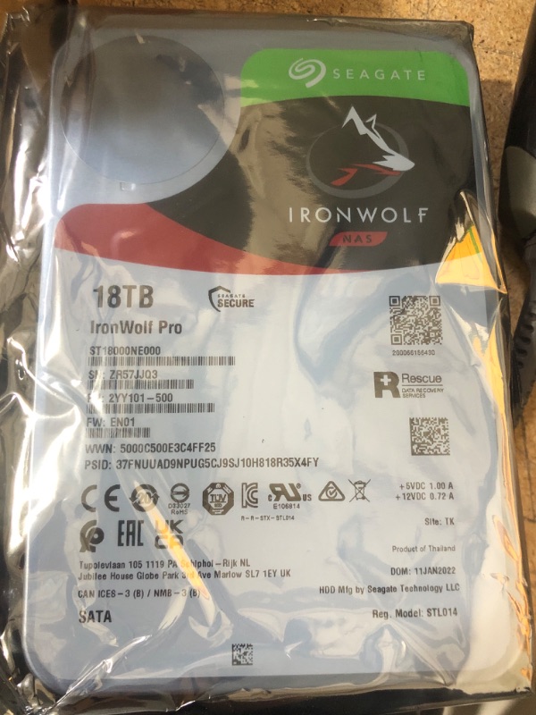 Photo 2 of Seagate IronWolf Pro, 18TB, Internal Hard Drive, NAS, 3.5 Inch, SATA, 6GB/s, 7200 RPM, 256MB Cache, for RAID Network Attached Storage (ST18000NE000) HDD Pro 18TB