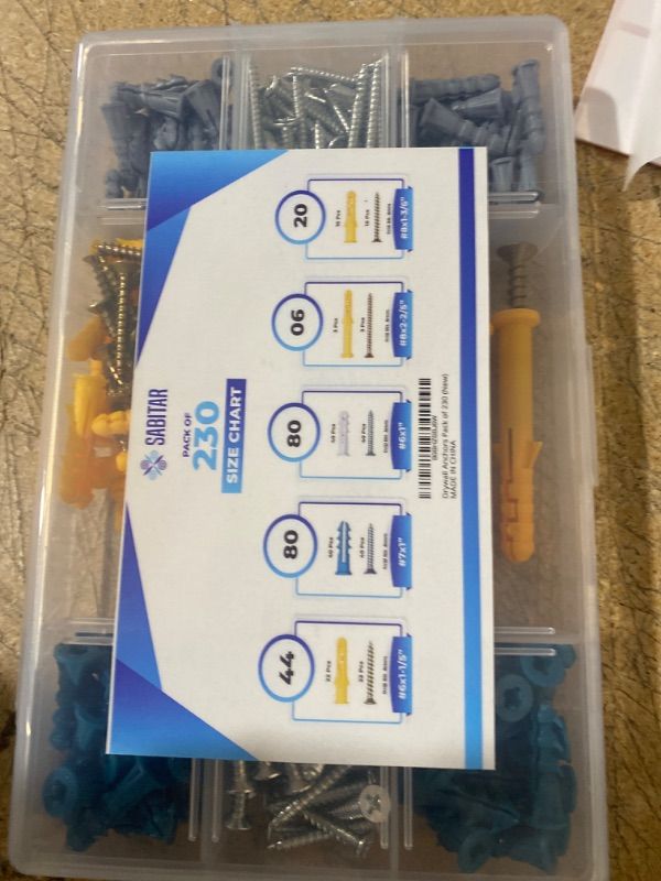 Photo 1 of Sabitar 230 Pcs Drywall Anchors and Screws Assorted Kit - Sturdy Wall Hanging Kit - 115 Carbon Steel Screws & 115 Plastic Wall Anchors for Drywall Pack of 230