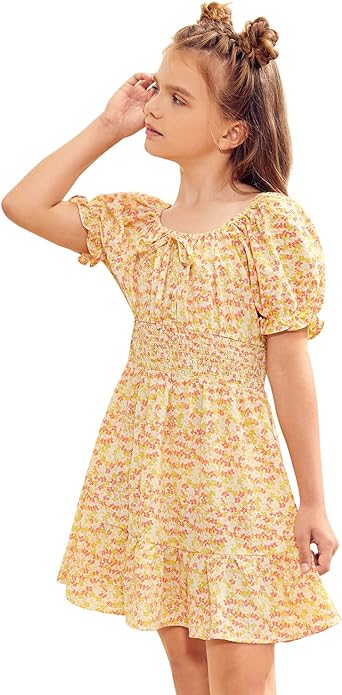 Photo 1 of Goranbon Girls' Summer Floral Dress Kids 2023 Puff Sleeve Square Neck Smocked Flowy Sun Dresses 6/7