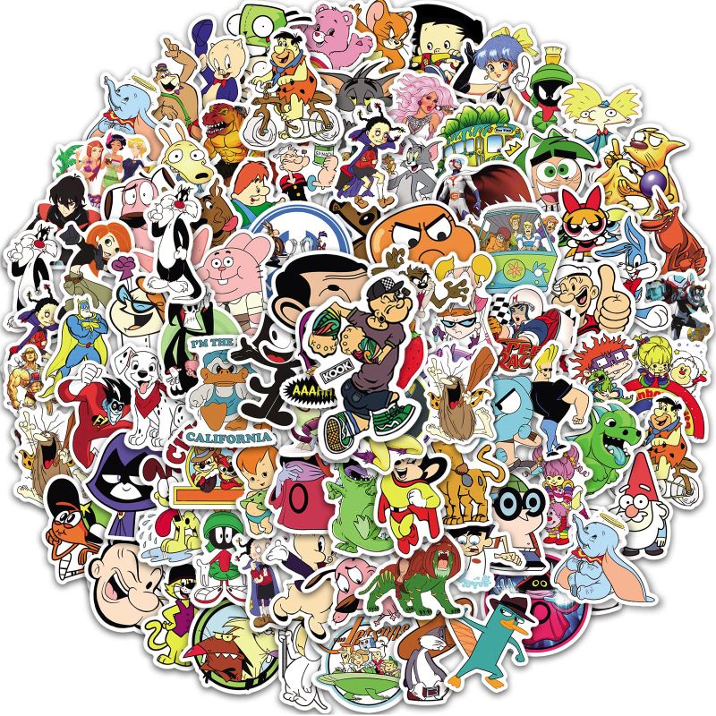 Photo 1 of 2 pack - 100Pcs 90s Cartoon Stickers Pack for Water Bottles Vinyl Kawaii Anime Stickers for Kids Teens Waterproof Cute Cartoon Characters Stickers Mixed 80s Cartoon Stickers for Laptop Hydroflask Journaling