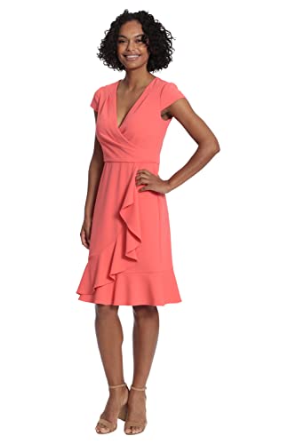 Photo 1 of London Times Women's Feminine Ageless Surplice V-Neck Faux Wrap Ruffle Dress Office Event Shower Guest of, Coral Quartz