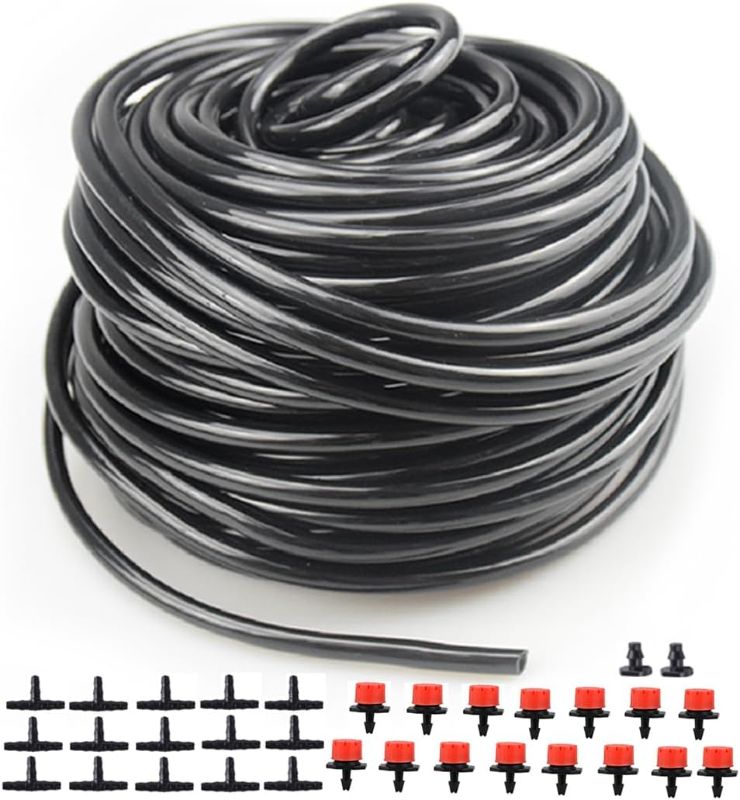 Photo 1 of 100FT 1/4 Inch Drip Irrigation Tubing, Garden Watering Tube Line Misting Hose Automatic Watering Kit for for Garden Greenhouse, Flower Bed, Patio, Lawn