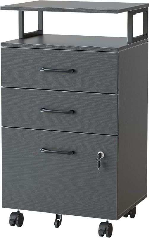 Photo 1 of FEZIBO File Cabinet with Lock for Home Office, 3-Drawer Rolling Filing Cabinet, Home Office File Cabinet for A4/Letter/Legal Size, Printer Stand, Wooden Storage Cabinet, Black
