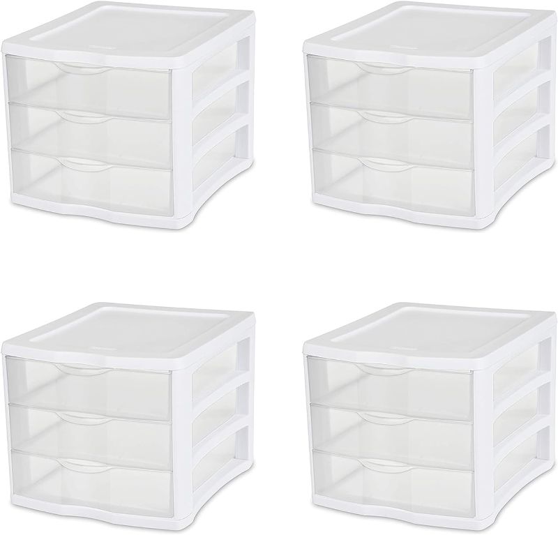 Photo 1 of Sterilite 17918004 3 Drawer Unit, White Frame with Clear Drawers, Pack of 4