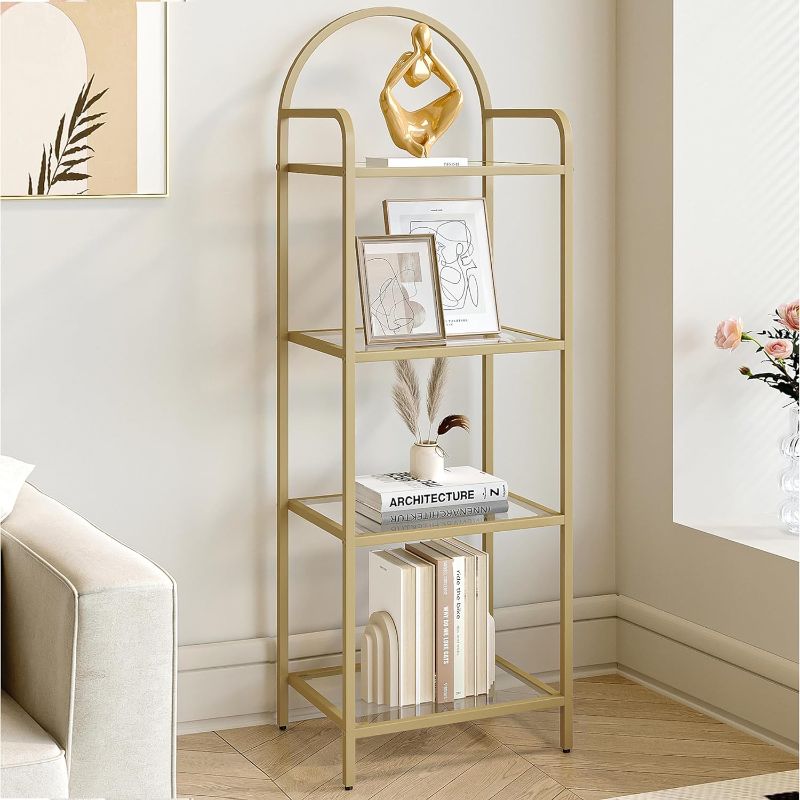 Photo 1 of 4 Tier Bookcase Bookshelf, Tempered Glass Bookshelves, Slim Shelving Unit for Bedroom, Bathroom, Home Office, Steel Frame, Gold BC04001G
