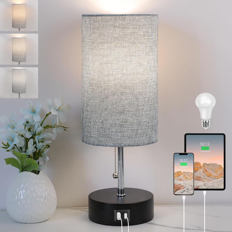 Photo 1 of 3-Color Temperature Bedside Lamp Nightstand Lamp with USB A Port and C Port, Table Lamp for Bedroom with LED Bulb Small Lamps for Living Room (Gray)
