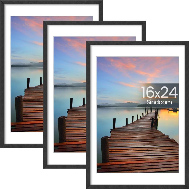 Photo 1 of 16x24 Poster Frame 3 Pack, Picture Frames with Detachable Mat for 14x20 Prints, Horizontal and Vertical Hanging Hooks for Wall Mounting, Charcoal Gray Photo Frame for Gallery Home Décor