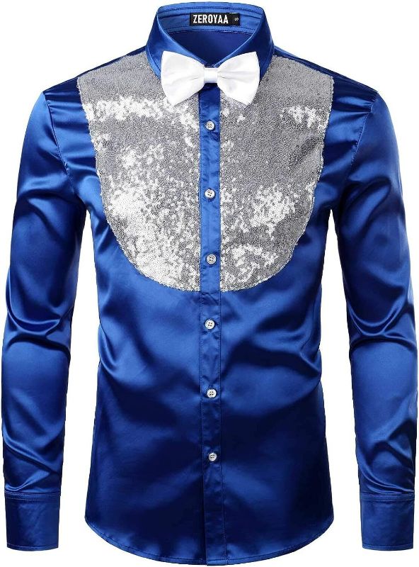 Photo 1 of large ZEROYAA Men's Shiny Sequins Design Silk Like Satin Button Up Disco Party Dress