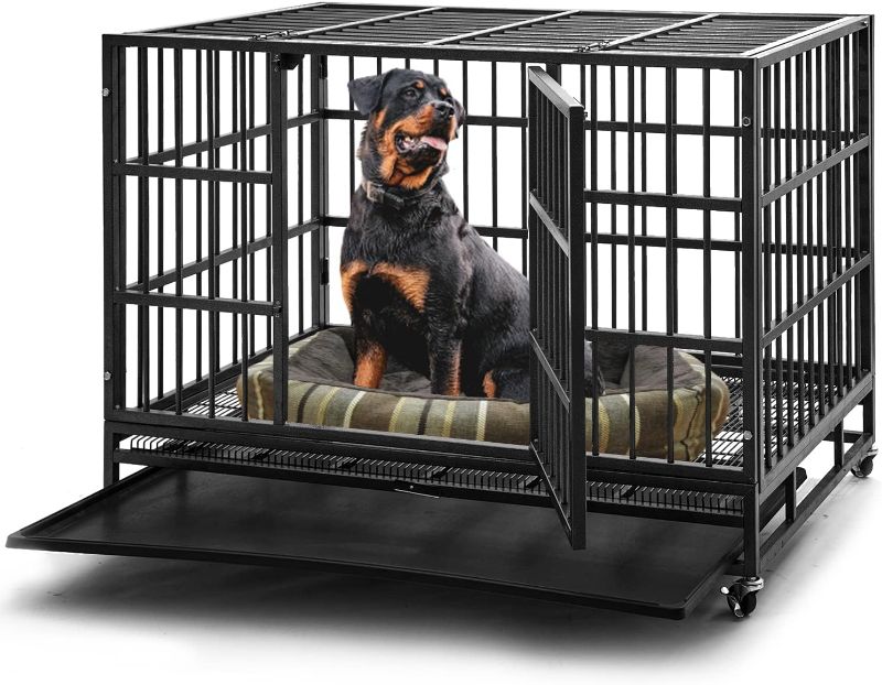 Photo 2 of 48/41/38/32 inch Heavy Duty Indestructible Dog Crate Steel Escape Proof, Indoor Double Door High Anxiety Cage, Kennel with Wheels, Removable Tray, Extra Large XL XXL