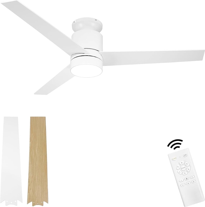 Photo 1 of Flybull 52 inch White Ceiling Fan with Lights and Remote Control, Modern Low Profile Flush Mount Indoor Outdoor Ceiling Fan with 3 Blade for Patio Living Room, Farmhouse Bedroom