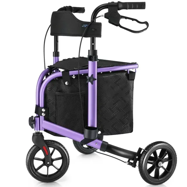 Photo 1 of 3 Wheel Rollator Walker with Seat for Slim Seniors, Padded Backrest Lightweight Foldable Walker Ideal for Elderly, 8 Inch Tri-Wheel Modern Mobility Walking Aid Aluminum, Purple