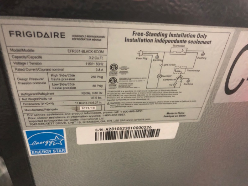 Photo 3 of ***NOT FUNCTIONAL - NONREFUNDABLE - FOR PARTS ONLY - SEE COMMENTS***
FRIGIDAIRE EFR331-BLACK 3.2 Cu ft Eraser Board Mini Compact Dorm Fridge (Black) 