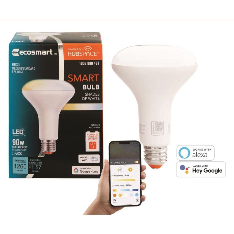 Photo 1 of 7 Boxes EcoSmart 90-Watt Equivalent Smart BR30 Tunable White CEC LED Light Bulb with Voice Control (1-Bulb) Powered by Hubspace
