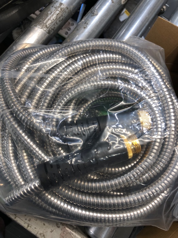 Photo 2 of 304 Stainless Steel Metal Garden Hose 50ft,Heavy Duty Water Hoses with 2 Sprayer Nozzles &3/4''Solid Fittings,Flexible,Lightweight,Kink Free&Tangle Free,Pet Proof,Puncture Proof pipe for Yard,Outdoor