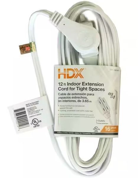 Photo 1 of 12 ft. 16/2 Light Duty Indoor Tight Space Extension Cord, White
