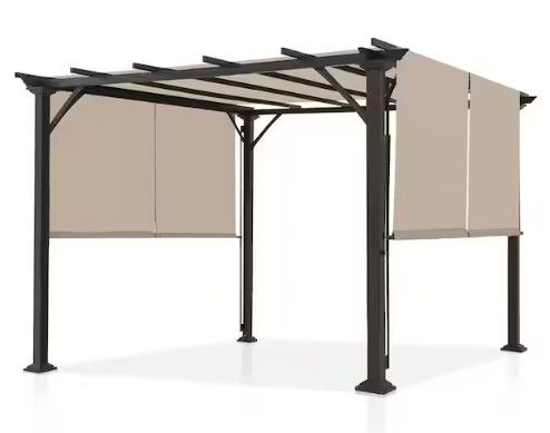 Photo 1 of 10 ft. x 10 ft. Steel Patio Pergola with Beige Shade Canopy
