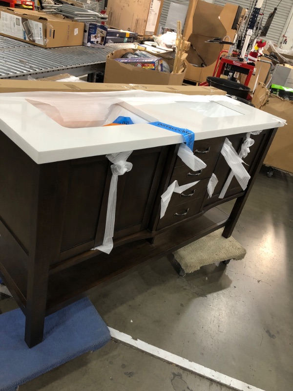 Photo 2 of 60-inch Espresso Wood Double Sink Bathroom Vanity with White Engineered Stone Top