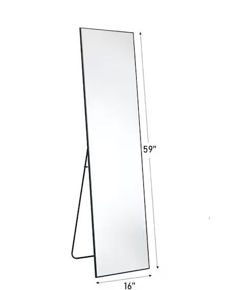 Photo 1 of 16in. W x 59in. H Aluminum Alloy Frame Black Full Body Floor Mirror with Floor Stand and Wall Mounted Hooks
