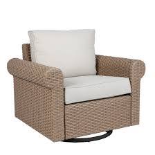 Photo 1 of allen + roth Emerald Cove Wicker Brown Steel Frame Swivel Glider Conversation Chair(s) with Tan Cushioned Seat
