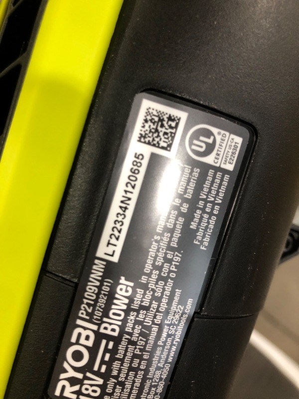 Photo 6 of ***MISSING BATTERY***
Ryobi P219 ONE+ 90 MPH 200 CFM 18-Volt Lithium-Ion Cordless Leaf Blower
