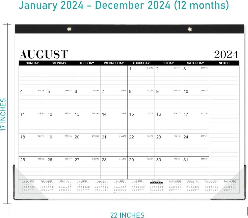 Photo 1 of 2024 Desk Calendar - Large Desk Calendar 2024, Jan. 2024 - Dec. 2024, 22" x 17", Thick Paper with Corner Protectors, Large Ruled Blocks, 2 Hanging Hooks, To Do & Notes - Classic Black
