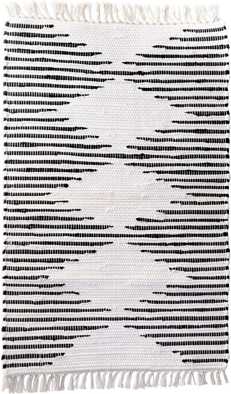 Photo 1 of 2x3 Kent & West - Accent Rug | Handwoven | Natural Cotton | Black Pattern | Fringed Ends