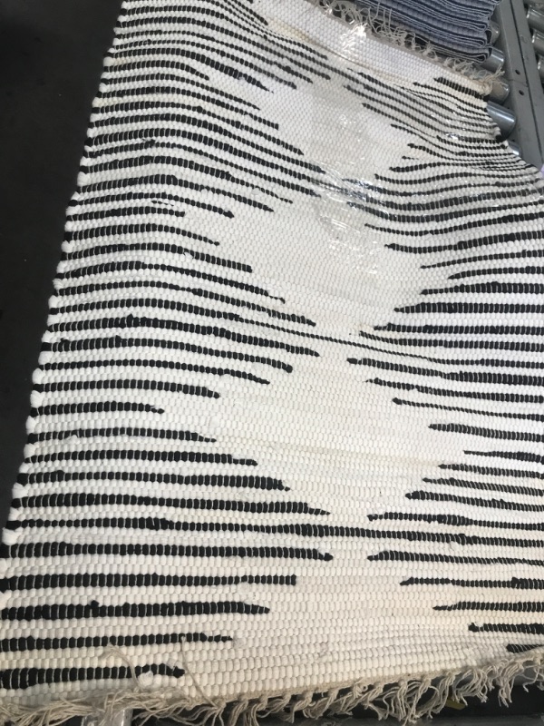 Photo 2 of 2x3 Kent & West - Accent Rug | Handwoven | Natural Cotton | Black Pattern | Fringed Ends