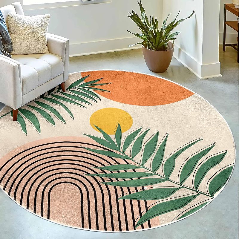 Photo 1 of 4 Ft Round Area Rug Soft Chic Bohemian Aesthetics Rugs, Machine Washable Non-Slip Indoor Sofa Floor Area Mat Modern Carpet for Living Room Sofa Bedroom Nursery Decor Dining Room Entryway Foyer Rug