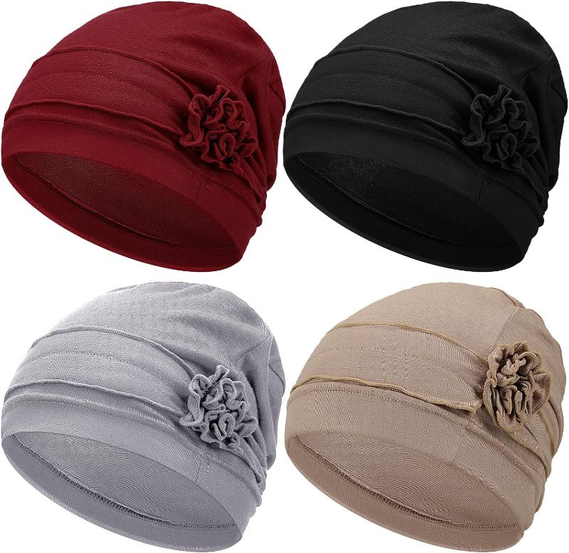 Photo 1 of 4 Pieces Women Turban Flower Caps Cotton Chemo Headwear Cap Sleep Cap Elastic Headwrap Hat Winter Warm Soft Vintage Beanie
