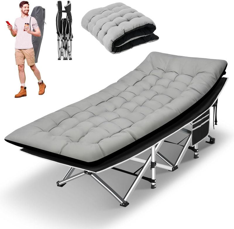 Photo 1 of  Camping Cots for Adults with 600lbs Load Capacity, Folding Camping Cot with Mattress, Sleeping Cot for Adult with Carry Bags for Travel,Beach,Patio,Home Office,Nap Time(Grey+Black)
