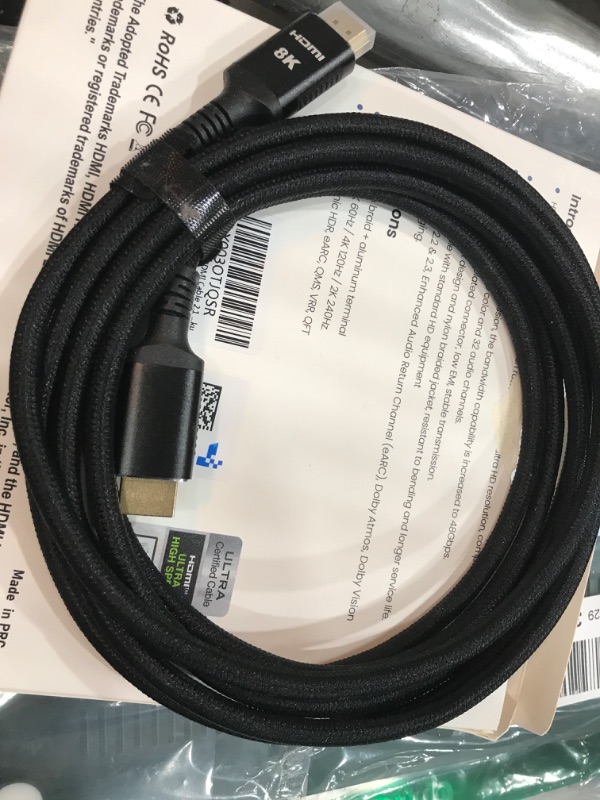 Photo 2 of 8K HDMI Cable 2.1 10FT/3M 48Gbps, Snowkids 48Gbps High Speed 3D 8K60 4K120 144Hz Braided HDMI Cord eARC HDR10 HDCP 2.2&2.3 Compatible with Roku TV/PS5/HDTV/Blu-ray Black 10feet Black