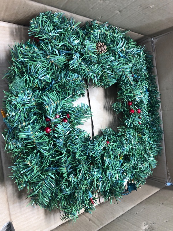 Photo 2 of 24 Inch Lighted Christmas Wreath, Artificial Green Wreath with 50 LED Multicolor Lights (Multicolor)