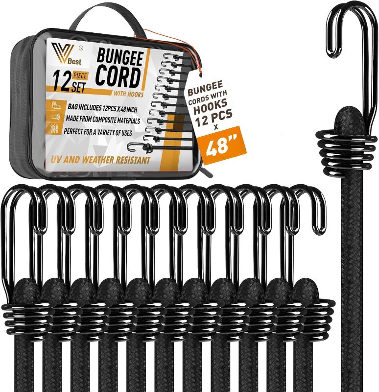 Photo 1 of VBEST 12 Pcs 48 Inch Black Bunjee Chords with Hooks - Extra Long Bungee Cords Heavy Duty Outdoor - Elastic Bungie Cords Set - Tarp Bungee Straps, Bunji Chords - Rubber Bungee Cords with Hooks