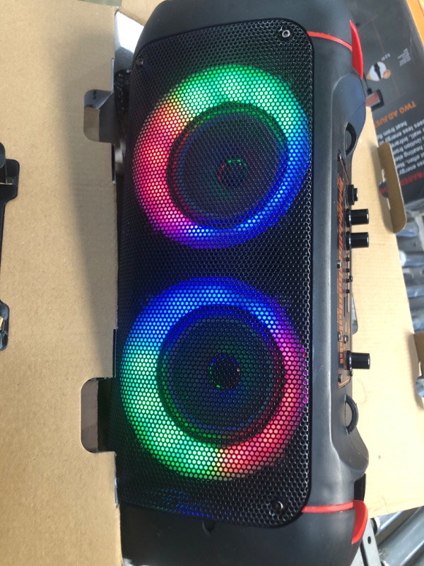 Photo 2 of Max Power Boombox - MPD421 Portable Boombox Stereo Speaker System - Multi LED Ring Lights - Wireless Bluetooth Speaker with Mic and Remote - Rechargeable Battery Perfect for Indoor and Outdoor.