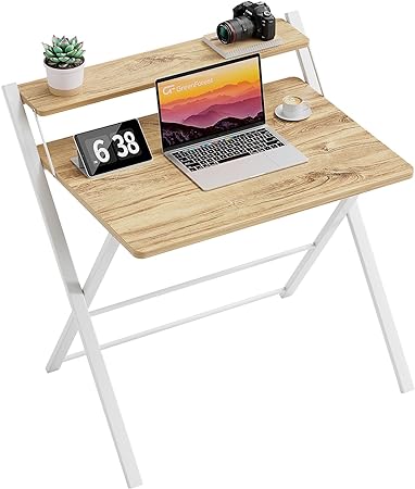 Photo 1 of GreenForest Folding Desk No Assembly Required Fully Unfold 32 x 24.5 inch, 2-Tier Small Computer Desk with Shelf Space Saving Laptop Study Foldable Table for Small Spaces, Oak
