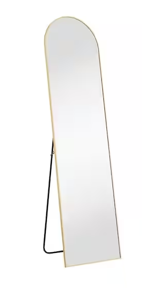 Photo 1 of 16 in. W x 59 in. H Aluminium Alloy Frame Gold Arched Floor Mirror, Floor Stand and Wall Mounted Hooks
