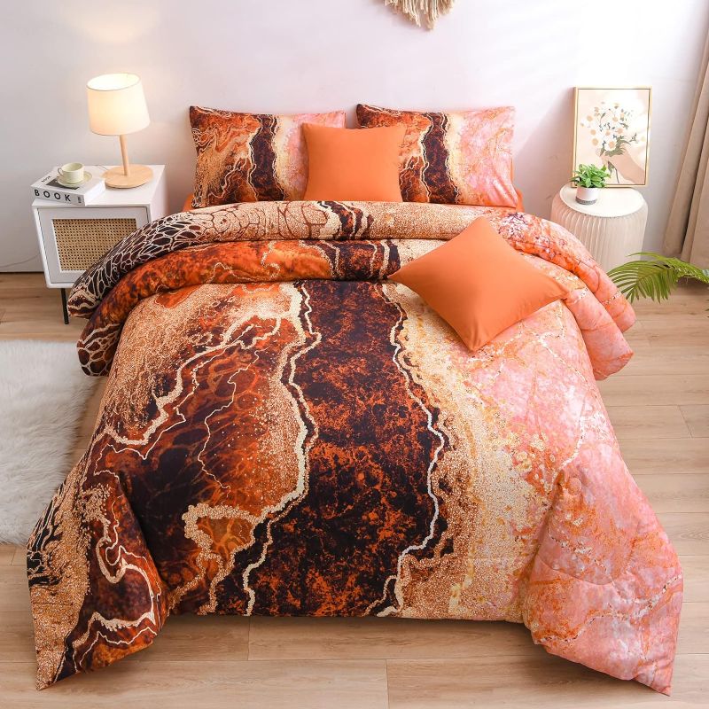 Photo 1 of A Nice Night Marble Like Burning Mountain Printed Bedding Set,Retro Style Watercolor Artwork Design,Ultra Soft Comforter Set,6pcs Bed in a Bag, KING, Orange
