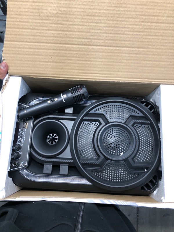 Photo 2 of Max Power Portable Speaker - MPD823 Bluetooth Speaker System - High Powered PA Loudspeaker - Rechargeable Karaoke Machine with Multi LED Lights, Wired Microphone and Built-in Carry Handle & FM Radio