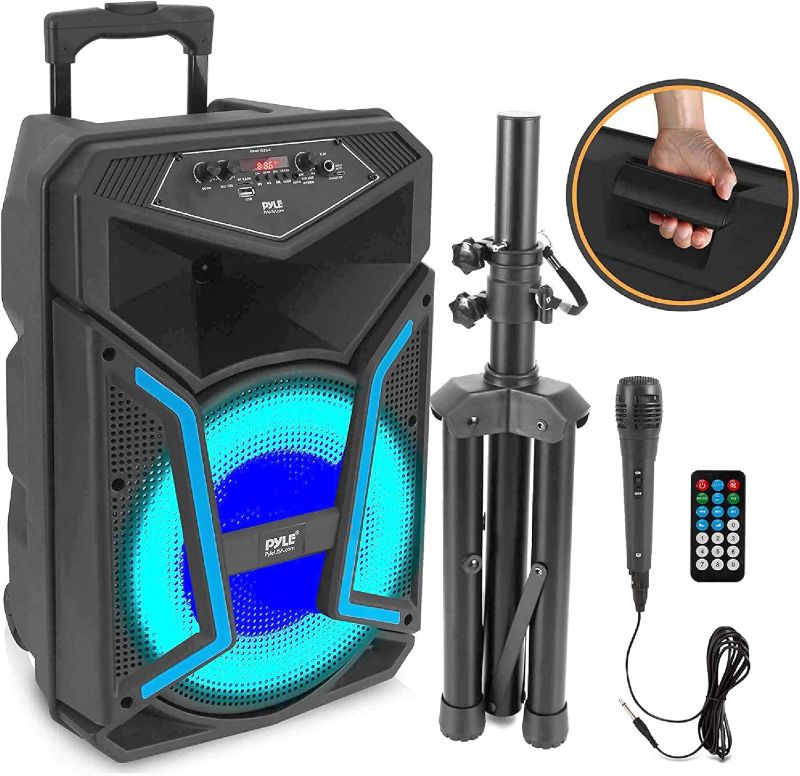 Photo 1 of PYLE Portable Bluetooth PA Speaker System - 1200W Outdoor Bluetooth Speaker Portable PA System w/ Microphone In, Party Lights, MP3/USB SD Card Reader FM Radio, Rolling Wheels - Mic, Remote PPHP152SM
